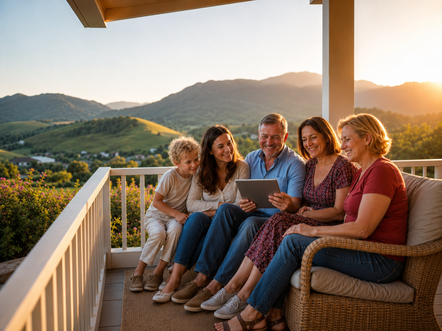 Happy family enjoying Garden Route WiFi with local mountain views